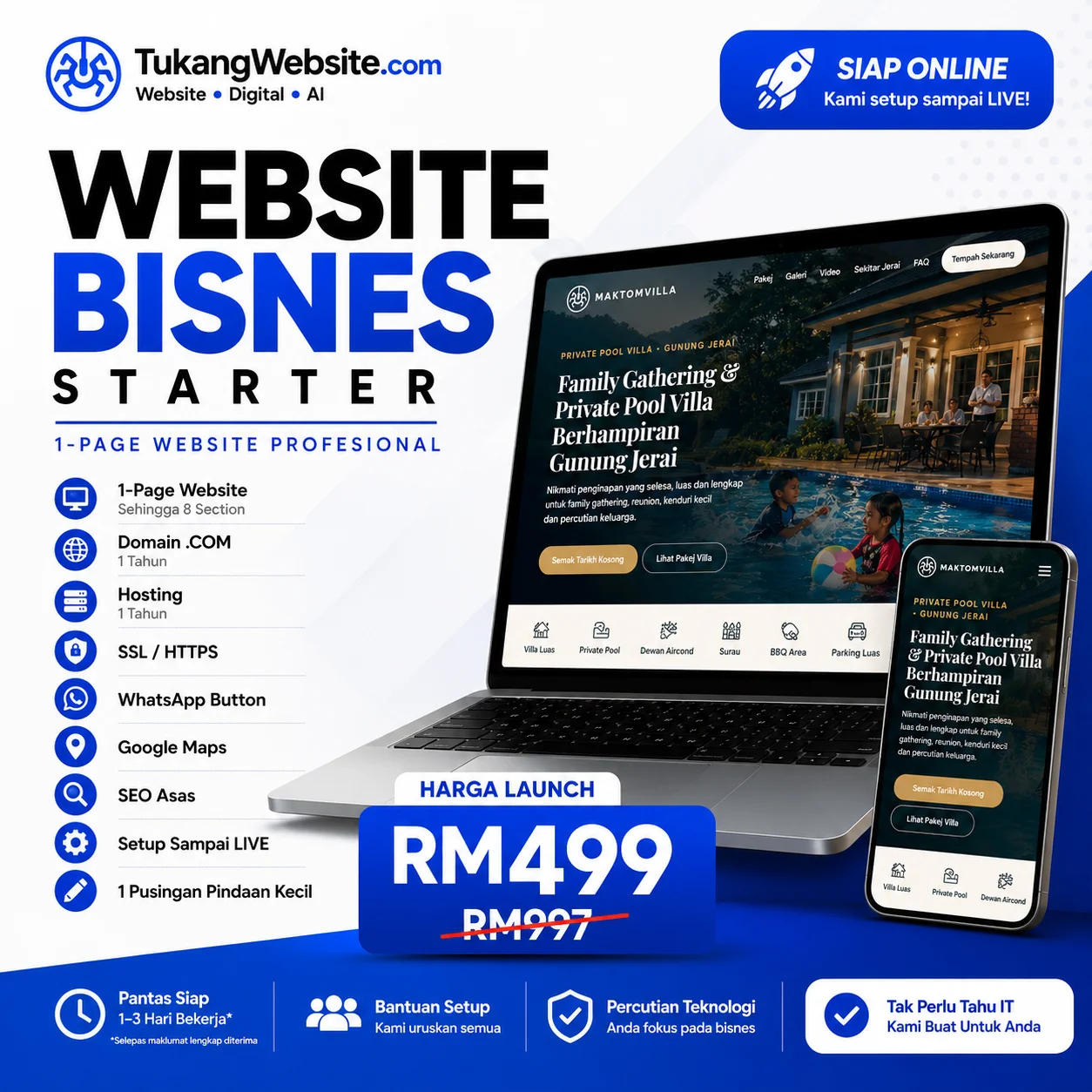 Website Bisnes Starter TukangWebsite.com dengan domain dan hosting untuk bisnes Malaysia